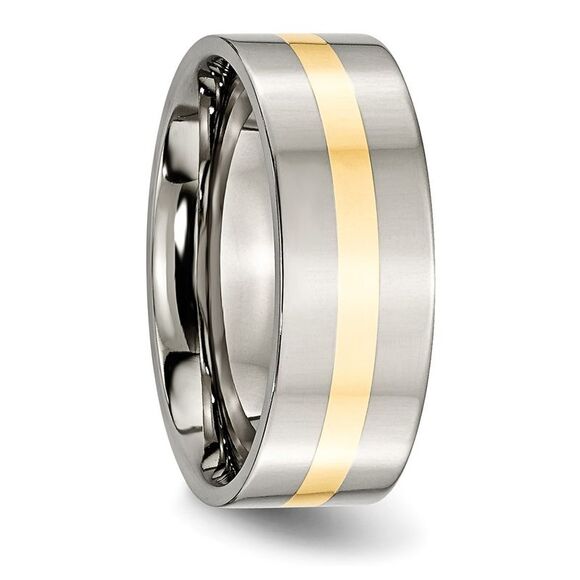 Kazi Luxury Chisel Titanium Polished with 14k Yellow Gold Inlay 8mm Flat Band